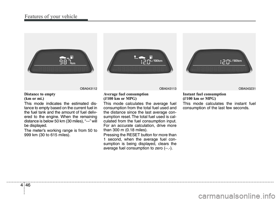 HYUNDAI I10 2017  Owners Manual Features of your vehicle
46 4
Distance to empty 
(km or mi.)
This mode indicates the estimated dis-
tance to empty based on the current fuel in
the fuel tank and the amount of fuel deliv-
ered to the 