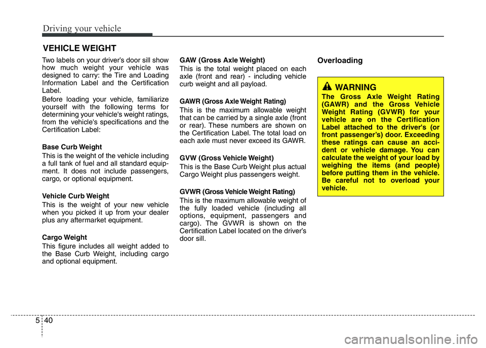 HYUNDAI I10 2017 Owners Manual Driving your vehicle
40 5
Two labels on your driver’s door sill show
how much weight your vehicle was
designed to carry: the Tire and Loading
Information Label and the Certification
Label.
Before lo HYUNDAI I10 2017 Owners Manual Driving your vehicle
40 5
Two labels on your driver’s door sill show
how much weight your vehicle was
designed to carry: the Tire and Loading
Information Label and the Certification
Label.
Before lo