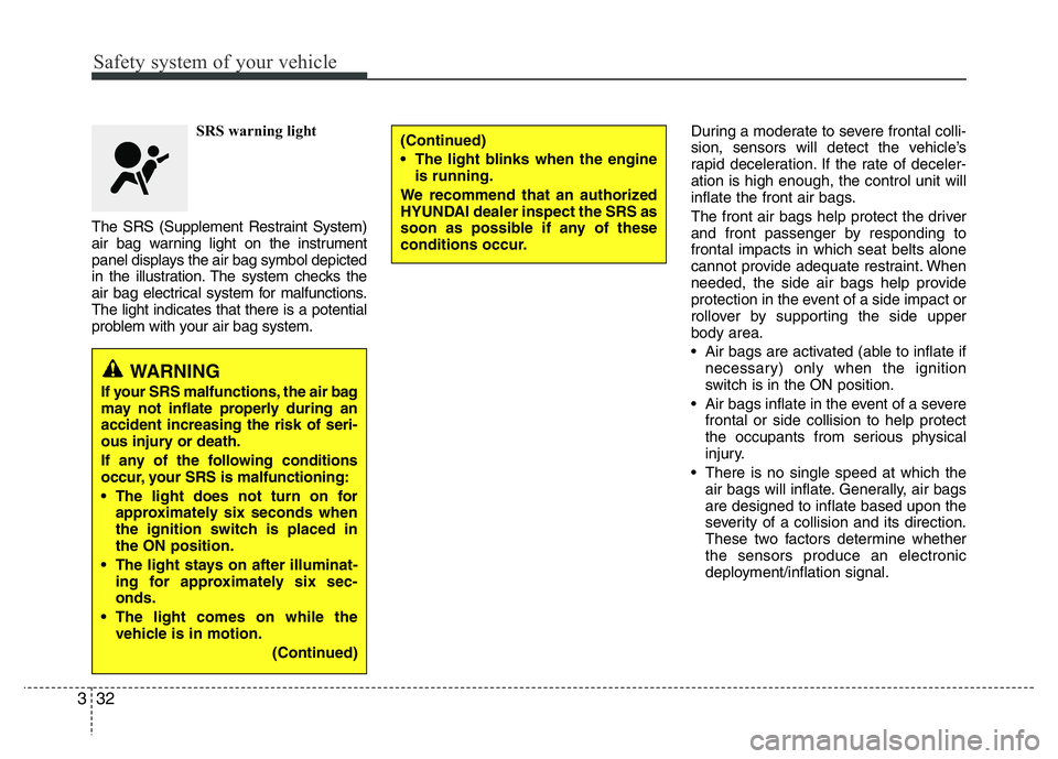 HYUNDAI I10 2017 Service Manual Safety system of your vehicle
32 3
SRS warning light
The SRS (Supplement Restraint System)
air bag warning light on the instrument
panel displays the air bag symbol depicted
in the illustration. The s