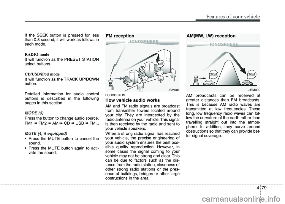HYUNDAI I10 2011 Owners Manual 479
Features of your vehicle
If the SEEK button is pressed for less
than 0.8 second, it will work as follows in
each mode.
RADIO mode
It will function as the PRESET STATION
select buttons.
CD/USB HYUNDAI I10 2011 Owners Manual 479
Features of your vehicle
If the SEEK button is pressed for less
than 0.8 second, it will work as follows in
each mode.
RADIO mode
It will function as the PRESET STATION
select buttons.
CD/USB