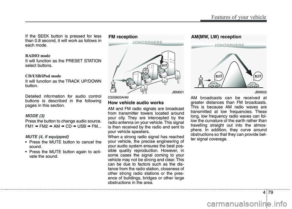 HYUNDAI I10 2011  Owners Manual 479
Features of your vehicle
If the SEEK button is pressed for less 
than 0.8 second, it will work as follows in
each mode. 
RADIO mode 
It will function as the PRESET STATION 
select buttons. 
CD/USB