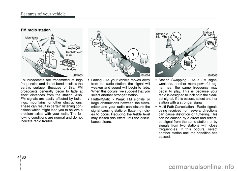 HYUNDAI I10 2011 Owners Manual Features of your vehicle
80
4
FM broadcasts are transmitted at high
frequencies and do not bend to follow the
earths surface. Because of this, FM
broadcasts generally begin to fade at
short distance HYUNDAI I10 2011 Owners Manual Features of your vehicle
80
4
FM broadcasts are transmitted at high
frequencies and do not bend to follow the
earths surface. Because of this, FM
broadcasts generally begin to fade at
short distance