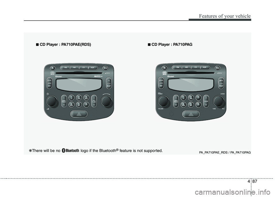 HYUNDAI I10 2011 Owners Manual 487
Features of your vehicle
PA_PA710PAE_RDS / PA_PA710PAG
■
■
CD Player : PA710PAE(RDS) ■■
CD Player : PA710PAG
❋ There will be no logo if the Bluetooth ®
feature is not supported. HYUNDAI I10 2011 Owners Manual 487
Features of your vehicle
PA_PA710PAE_RDS / PA_PA710PAG
■
■
CD Player : PA710PAE(RDS) ■■
CD Player : PA710PAG
❋ There will be no logo if the Bluetooth ®
feature is not supported.