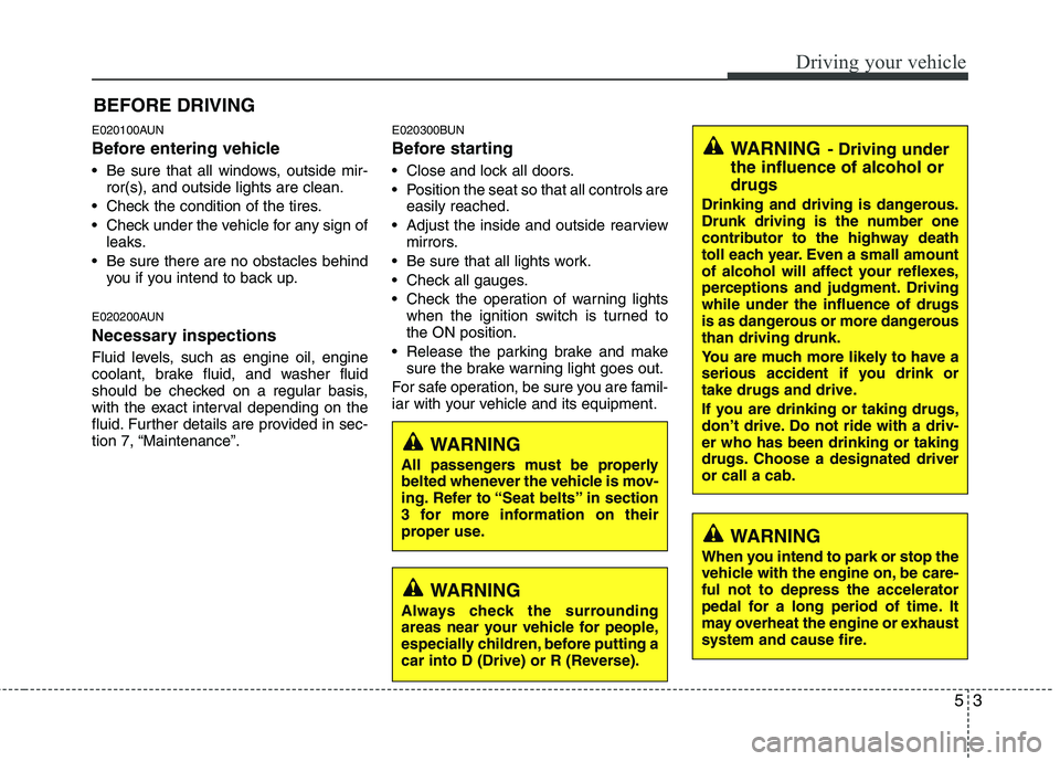 HYUNDAI I10 2011  Owners Manual 53
Driving your vehicle
E020100AUN 
Before entering vehicle 
• Be sure that all windows, outside mir-ror(s), and outside lights are clean.
 Check the condition of the tires. 
 Check under the vehicl