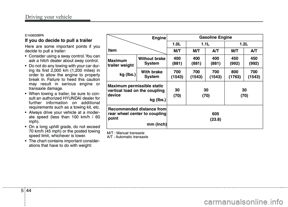 HYUNDAI I10 2011 Owners Manual Driving your vehicle
44
5
E140600BPA
If you do decide to pull a trailer
Here are some important points if you
decide to pull a trailer:
Consider using a sway control. You can
ask a hitch dealer a HYUNDAI I10 2011 Owners Manual Driving your vehicle
44
5
E140600BPA
If you do decide to pull a trailer
Here are some important points if you
decide to pull a trailer:
Consider using a sway control. You can
ask a hitch dealer a