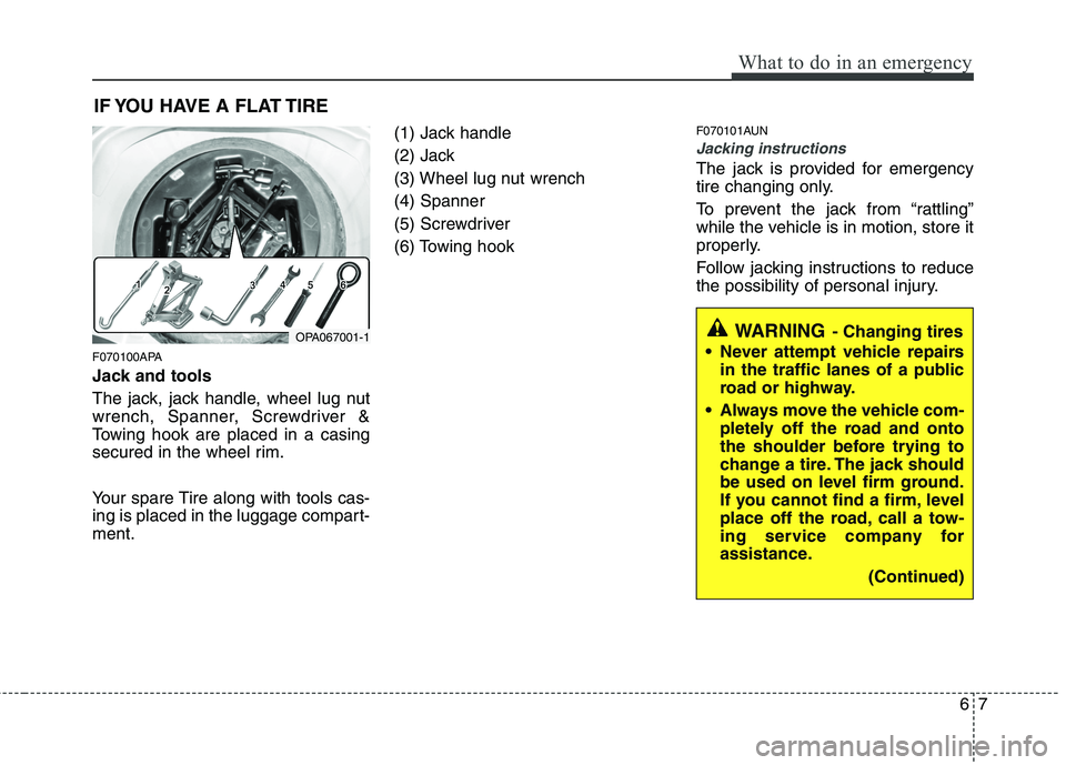 HYUNDAI I10 2011  Owners Manual 67
What to do in an emergency
IF YOU HAVE A FLAT TIRE
F070100APA 
Jack and tools 
The jack, jack handle, wheel lug nut 
wrench, Spanner, Screwdriver &
Towing hook are placed in a casing
secured in the