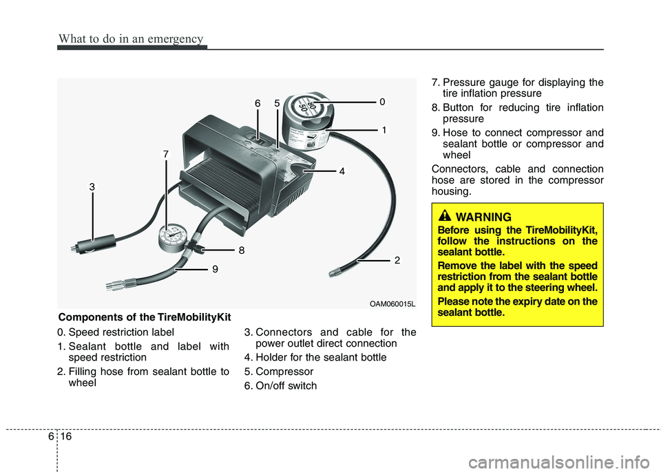HYUNDAI I10 2011  Owners Manual What to do in an emergency
16
6
0. Speed restriction label 
1. Sealant bottle and label with
speed restriction
2. Filling hose from sealant bottle to wheel 3. Connectors and cable for the
power outlet