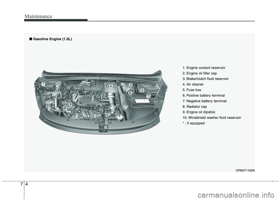 HYUNDAI I10 2011 Owners Manual Maintenance
4
7
1. Engine coolant reservoir
2. Engine oil filler cap
3. Brake/clutch fluid reservoir
4. Air cleaner
5. Fuse box
6. Positive battery terminal
7. Negative battery terminal
8. Radiator c HYUNDAI I10 2011 Owners Manual Maintenance
4
7
1. Engine coolant reservoir
2. Engine oil filler cap
3. Brake/clutch fluid reservoir
4. Air cleaner
5. Fuse box
6. Positive battery terminal
7. Negative battery terminal
8. Radiator c