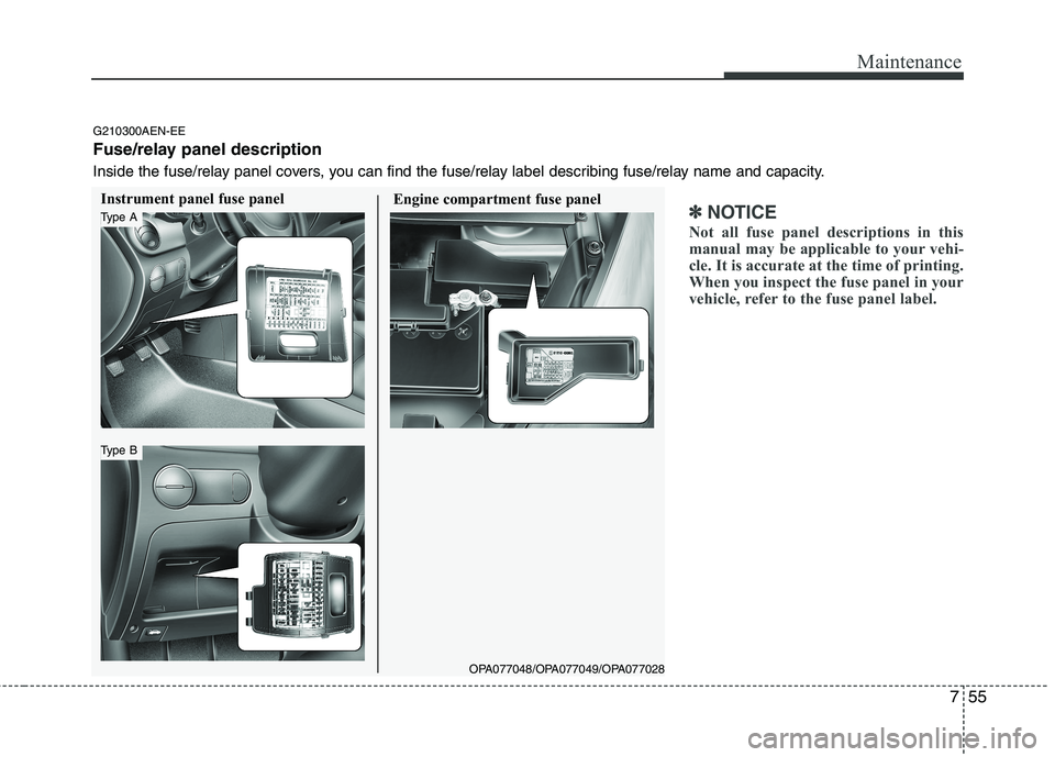 HYUNDAI I10 2011 Owners Manual 755
Maintenance
✽✽NOTICE
Not all fuse panel descriptions in this
manual may be applicable to your vehi-
cle. It is accurate at the time of printing.
When you inspect the fuse panel in your
vehicl HYUNDAI I10 2011 Owners Manual 755
Maintenance
✽✽NOTICE
Not all fuse panel descriptions in this
manual may be applicable to your vehi-
cle. It is accurate at the time of printing.
When you inspect the fuse panel in your
vehicl