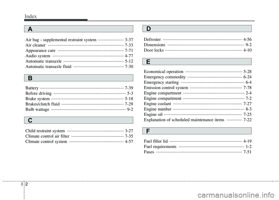 HYUNDAI I10 2011 Owners Manual Index
2
I
Air bag - supplemental restraint system ······················· 3-37
Air cleaner ········································· HYUNDAI I10 2011 Owners Manual Index
2
I
Air bag - supplemental restraint system ······················· 3-37
Air cleaner ·········································Â