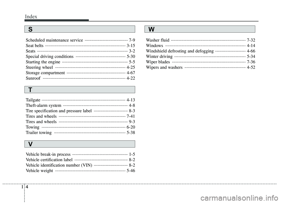 HYUNDAI I10 2011  Owners Manual Index
4
I
Scheduled maintenance service  ······································ 7-9 
Seat belts  ································�