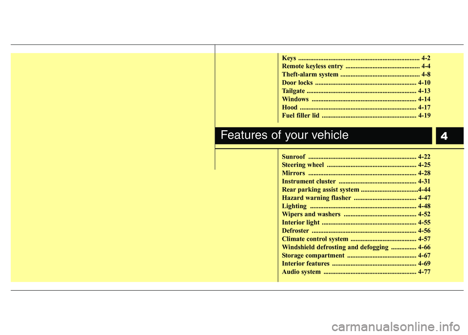 HYUNDAI I10 2011 Manual PDF 4
Keys ........................................................................ 4-2
Remote keyless entry ............................................ 4-4
Theft-alarm system ......................... HYUNDAI I10 2011 Manual PDF 4
Keys ........................................................................ 4-2
Remote keyless entry ............................................ 4-4
Theft-alarm system .........................