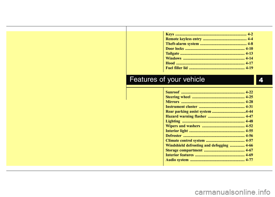 HYUNDAI I10 2011  Owners Manual 4
Keys ........................................................................ 4-2 
Remote keyless entry  ............................................ 4-4
Theft-alarm system .........................