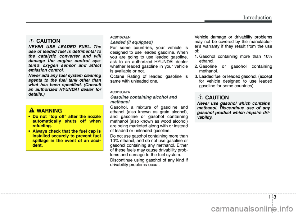 HYUNDAI I10 2009  Owners Manual 13
Introduction
A020102AEN
Leaded (if equipped)
For some countries, your vehicle is 
designed to use leaded gasoline. When
you are going to use leaded gasoline,
ask to an authorized HYUNDAI dealer
whe