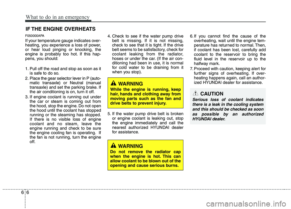 HYUNDAI I10 2007  Owners Manual What to do in an emergency
6
6
IF THE ENGINE OVERHEATS
F050000APA 
If your temperature gauge indicates over- 
heating, you experience a loss of power,
or hear loud pinging or knocking, the
engine is p