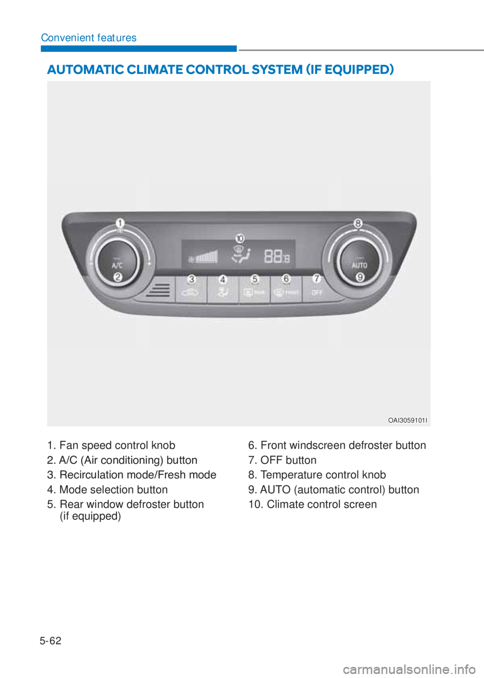 HYUNDAI I10 2022  Owners Manual 5-62
Convenient features
AUTOMATIC CLIMATE CONTROL SYSTEM ãIF EQUIPPEDä
OAI3059101I
1. Fan speed control knob
����$��&���$�L�U��F�R�Q�G�L�W�L�R�Q�L�Q�J���E�X�W�W�R�Q
����5�H�F�L�U�F�X�