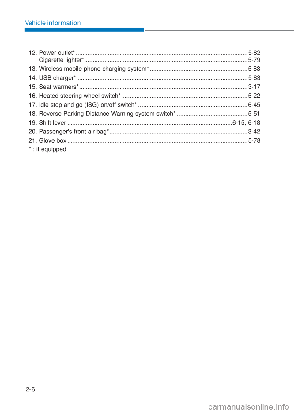 HYUNDAI I10 2022  Owners Manual 2-6
Vehicle information
12.  Power outlet* ...................................................................................................... 5-82 
Cigarette lighter*..............................