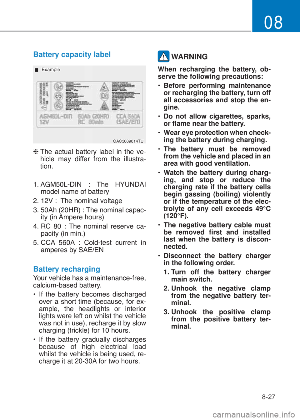 HYUNDAI I10 2019  Owners Manual 8-27
08
Battery capacity label 
�2�$�&��������7�8
 �„��(�[�D�P�S�O�H
�K���7�K�H� �D�F�W�X�D�O� �E�D�W�W�H�U�\� �O�D�E�H�O� �L�Q� �W�K�H� �Y�H-
�K�L�F�O�H� �P�D�\� �G�L�I�I�H�U� �I