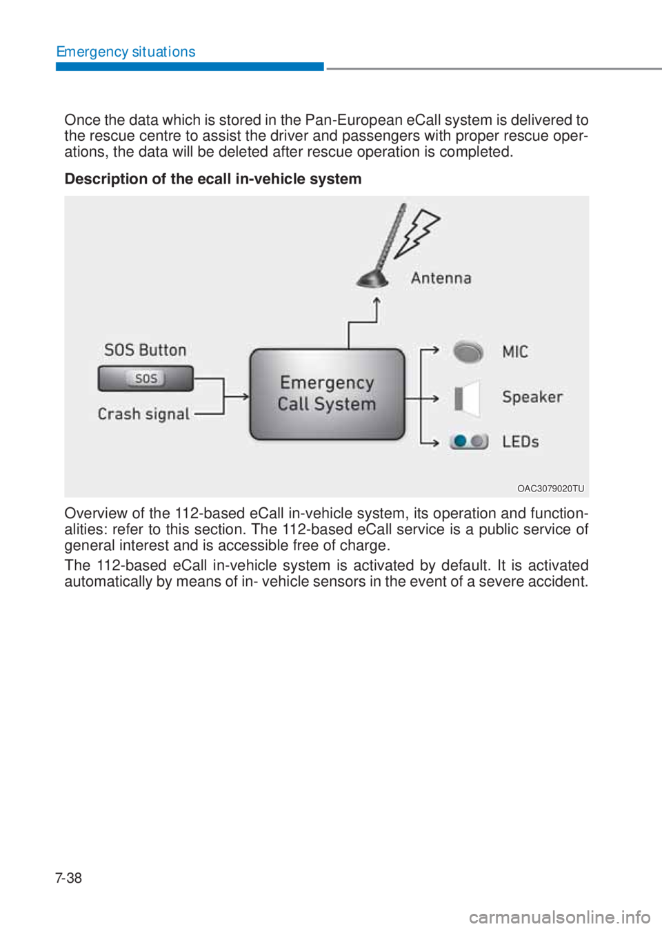 HYUNDAI I10 2021 User Guide 7-38
Emergency situations
Once the data which is stored in the Pan-European eCall system is delivered to 
the rescue centre to assist the driver and passengers with proper rescue oper-
ations, the dat
