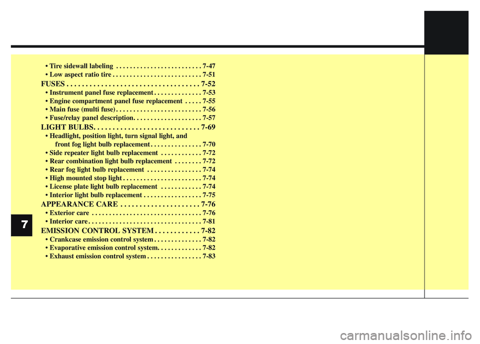 HYUNDAI I10 2013 Owners Manual • Tire sidewall labeling . . . . . . . . . . . . . . . . . . . . . . . . . 7-47
• Low aspect ratio tire . . . . . . . . . . . . . . . . . . . . . . . . . . 7-51
FUSES . . . . . . . . . . . . . . . HYUNDAI I10 2013 Owners Manual • Tire sidewall labeling . . . . . . . . . . . . . . . . . . . . . . . . . 7-47
• Low aspect ratio tire . . . . . . . . . . . . . . . . . . . . . . . . . . 7-51
FUSES . . . . . . . . . . . . . . .
