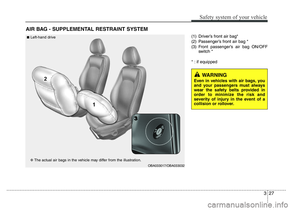 HYUNDAI I10 2013 Service Manual 327
Safety system of your vehicle
(1) Driver’s front air bag*
(2) Passenger’s front air bag *
(3) Front passenger’s air bag ON/OFF
switch *
* : if equipped
AIR BAG - SUPPLEMENTAL RESTRAINT SYSTE HYUNDAI I10 2013 Service Manual 327
Safety system of your vehicle
(1) Driver’s front air bag*
(2) Passenger’s front air bag *
(3) Front passenger’s air bag ON/OFF
switch *
* : if equipped
AIR BAG - SUPPLEMENTAL RESTRAINT SYSTE
