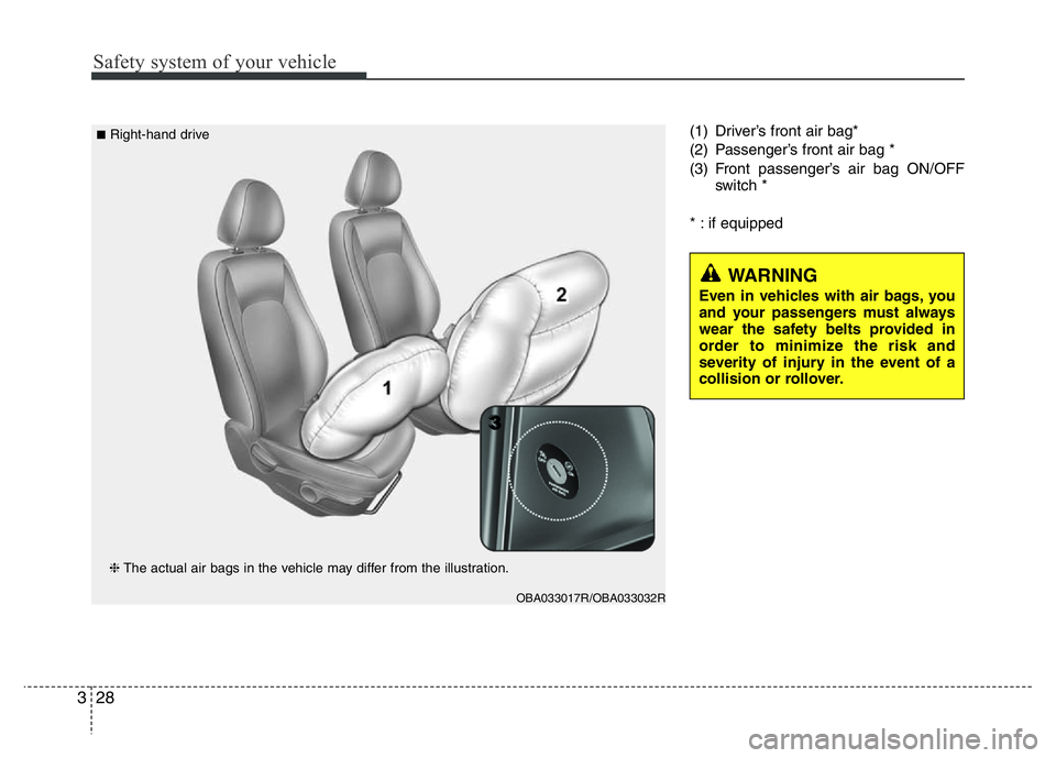 HYUNDAI I10 2013 Service Manual Safety system of your vehicle
28 3
(1) Driver’s front air bag*
(2) Passenger’s front air bag *
(3) Front passenger’s air bag ON/OFF
switch *
* : if equipped
WARNING
Even in vehicles with air bag HYUNDAI I10 2013 Service Manual Safety system of your vehicle
28 3
(1) Driver’s front air bag*
(2) Passenger’s front air bag *
(3) Front passenger’s air bag ON/OFF
switch *
* : if equipped
WARNING
Even in vehicles with air bag