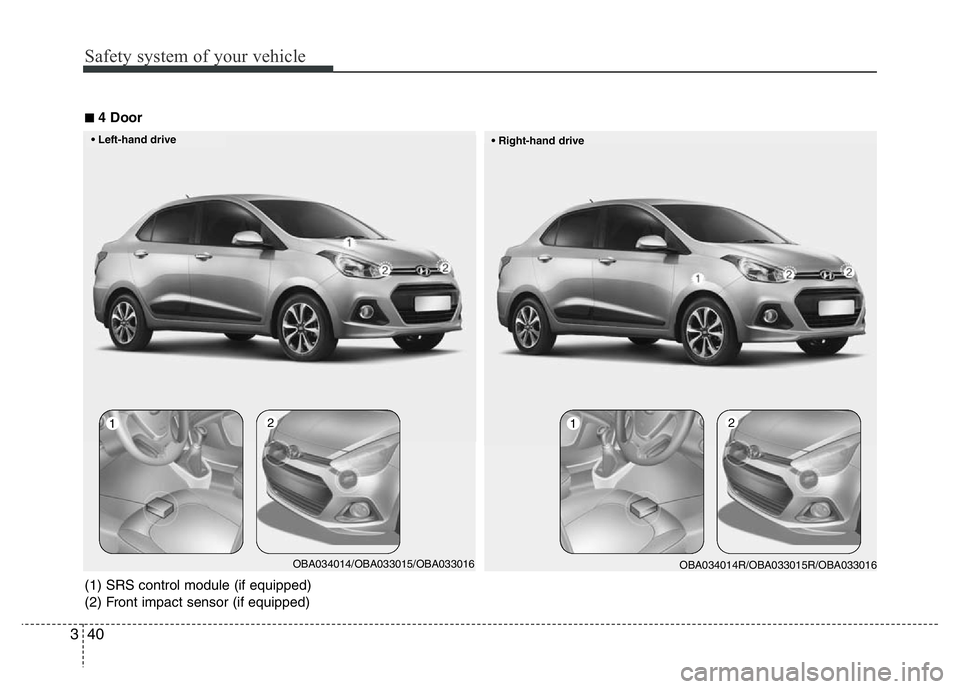 HYUNDAI I10 2013 Workshop Manual Safety system of your vehicle
40 3
12
OBA034014R/OBA033015R/OBA033016
12
OBA034014/OBA033015/OBA033016
■4 Door
• Right-hand drive • Left-hand drive
(1) SRS control module (if equipped)
(2) Fro HYUNDAI I10 2013 Workshop Manual Safety system of your vehicle
40 3
12
OBA034014R/OBA033015R/OBA033016
12
OBA034014/OBA033015/OBA033016
■4 Door
• Right-hand drive • Left-hand drive
(1) SRS control module (if equipped)
(2) Fro