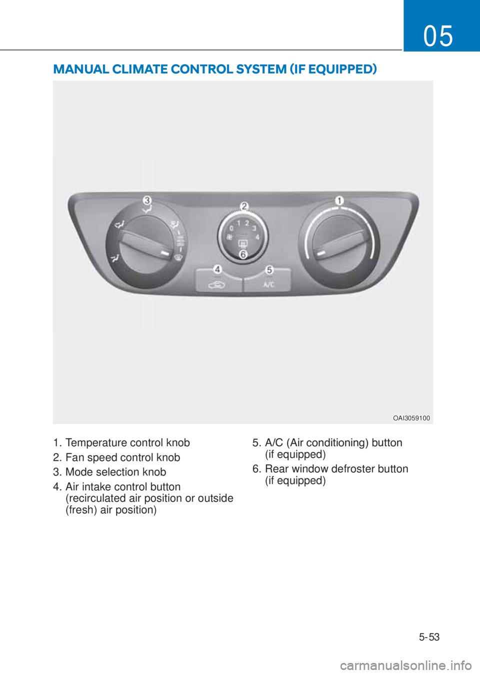 HYUNDAI I10 2020  Owners Manual 5-53
05
MANUAL CLIMATE CONTROL SYSTEM ãIF EQUIPPEDä
OAI3059100
1. Temperature control knob
2. Fan speed control knob
3. Mode selection knob
4. Air intake control button  
(recirculated air positio