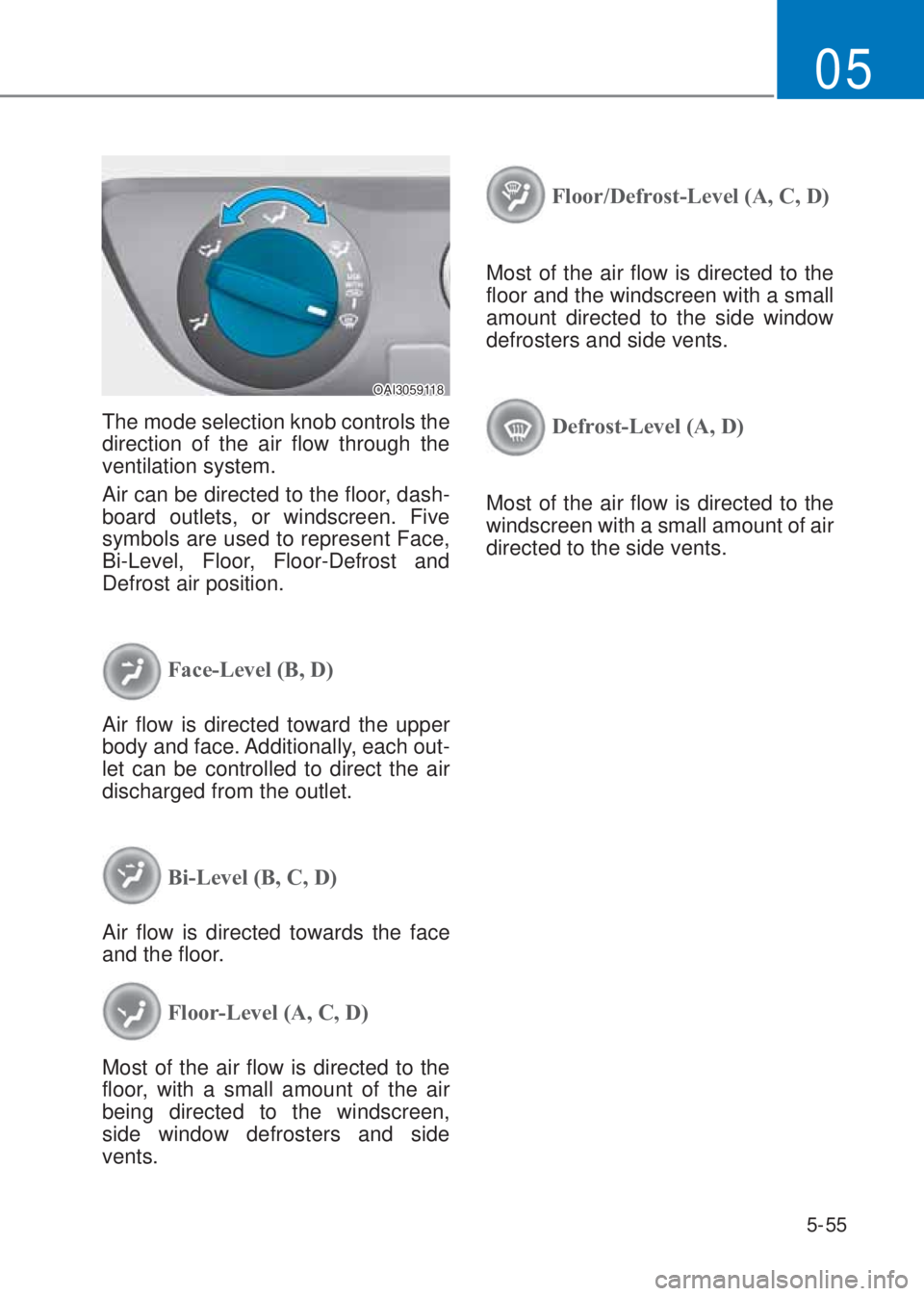 HYUNDAI I10 2020  Owners Manual 5-55
05
OAI3059118
The mode selection knob controls the 
direction of the air flow through the 
ventilation system.
Air can be directed to the floor, dash-
board outlets, or windscreen. Five 
symbols 