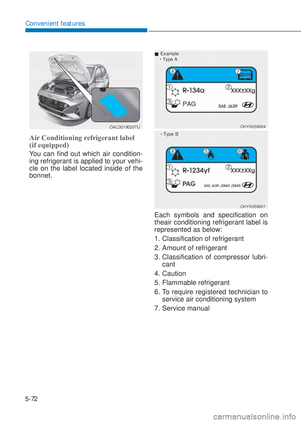 HYUNDAI I10 2020  Owners Manual 5-72
Convenient features
OAC3019020TU
Air Conditioning refrigerant label 
(if equipped)
You can find out which air condition-
ing refrigerant is applied to your vehi-
cle on the label located inside o