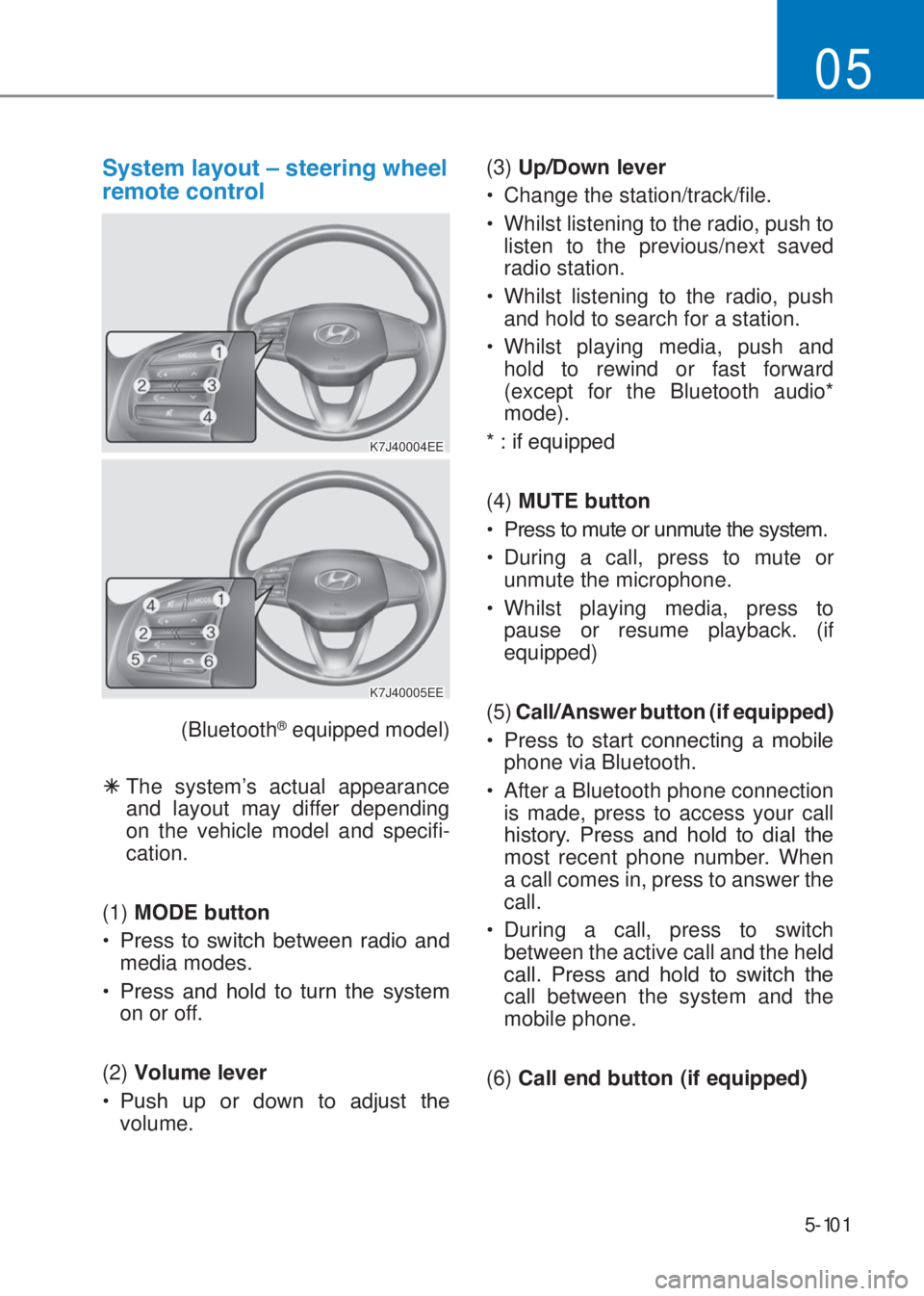 HYUNDAI I10 2020  Owners Manual 5-101
05
�6�\�V�W�H�P��O�D�\�R�X�W��²��V�W�H�H�U�L�Q�J��Z�K�H�H�O�
�U�H�P�R�W�H��F�R�Q�W�U�R�O
(Bluetooth® equipped model)
�Ã�The system’s actual appearance 
and layout may differ dependin