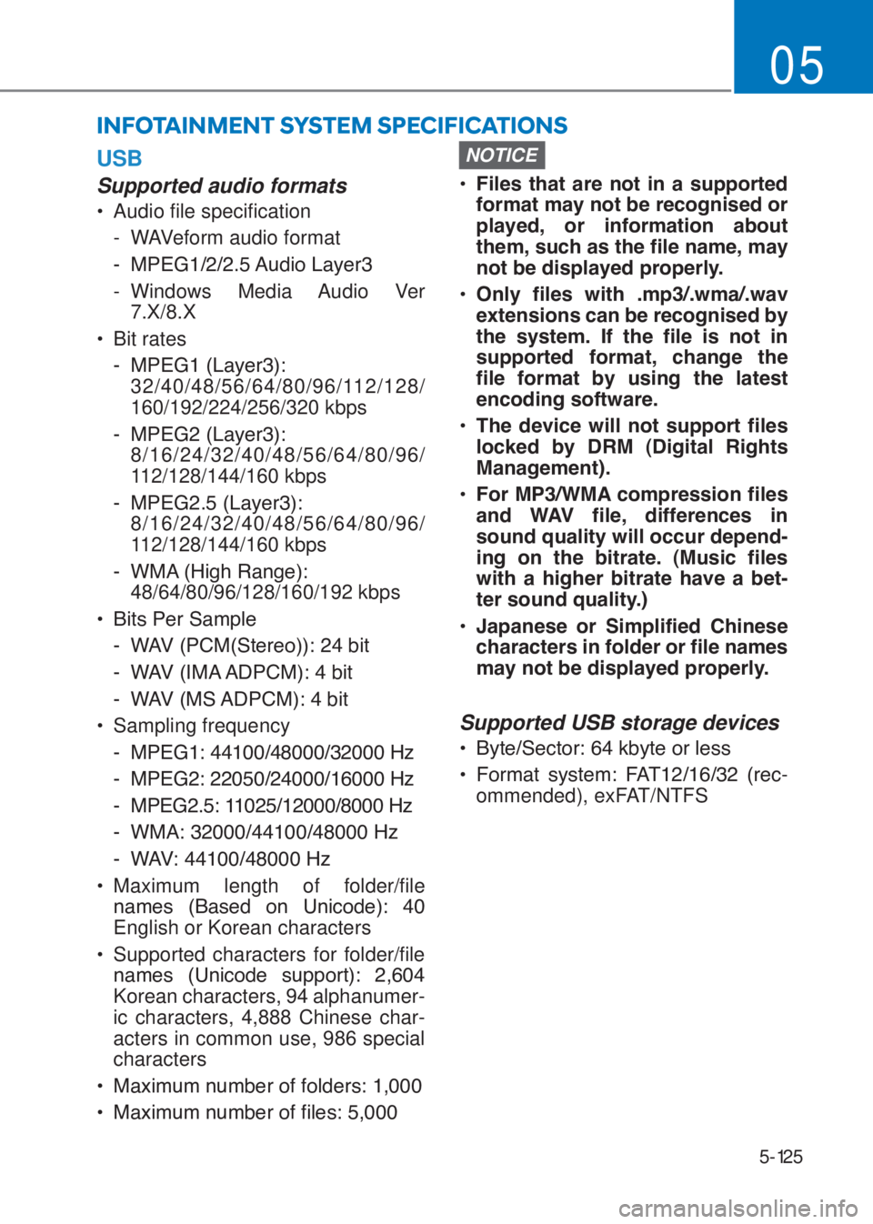 HYUNDAI I10 2020  Owners Manual 5-125
05
USB
Supported audio formats
�‡�Audio file specification
-  WAVeform audio format
�� �0�3�(�*���������$�X�G�L�R��/�D�\�H�U�
-  Windows Media Audio Ver 
7.X/8.X
�‡�Bit rates
�
