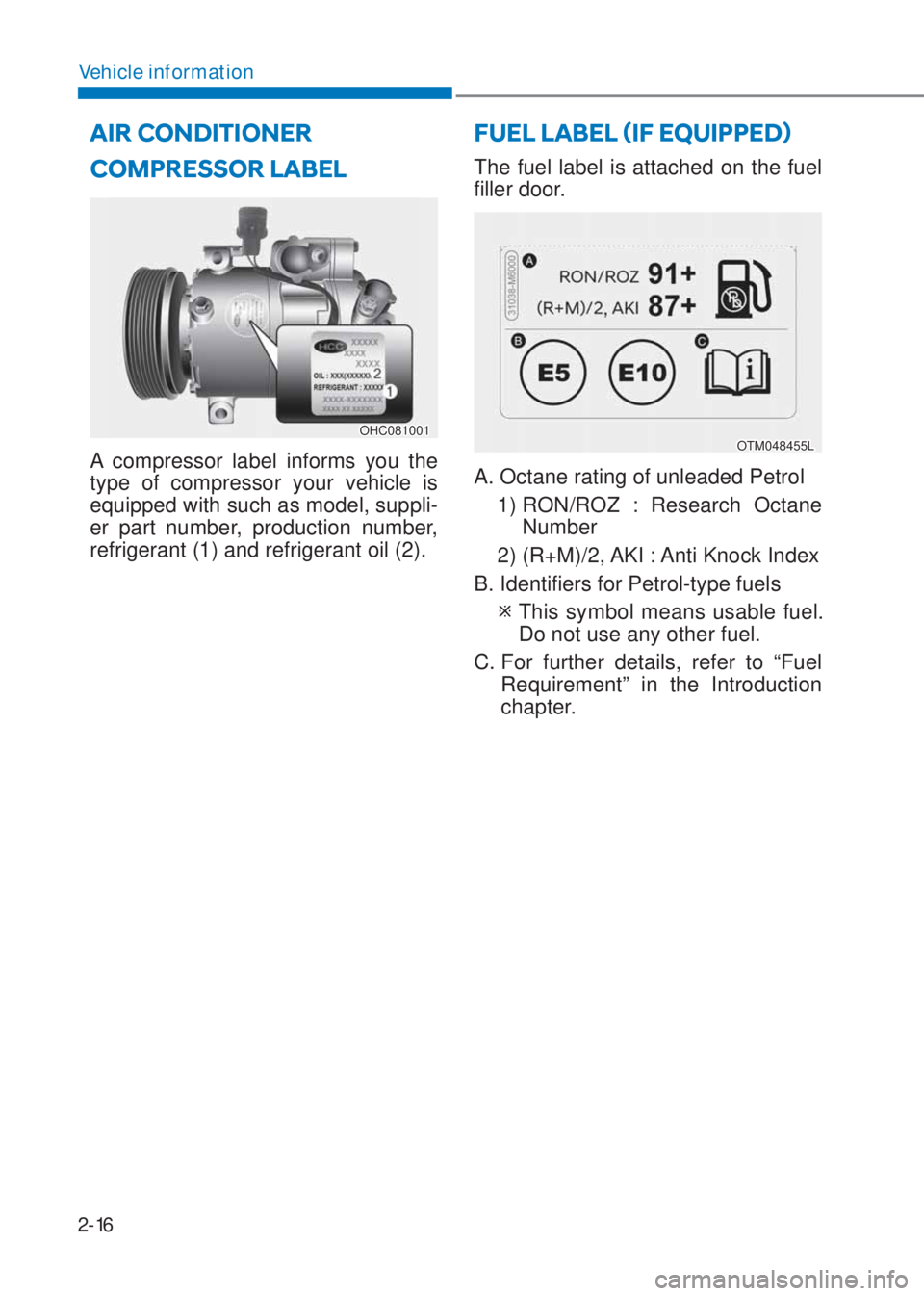 HYUNDAI I10 2020 Owners Manual 2-16
Vehicle information
COMPRESSOR LABEL
OHC081001
A compressor label informs you the 
type of compressor your vehicle is 
equipped with such as model, suppli-
er part number, production number, 
ref