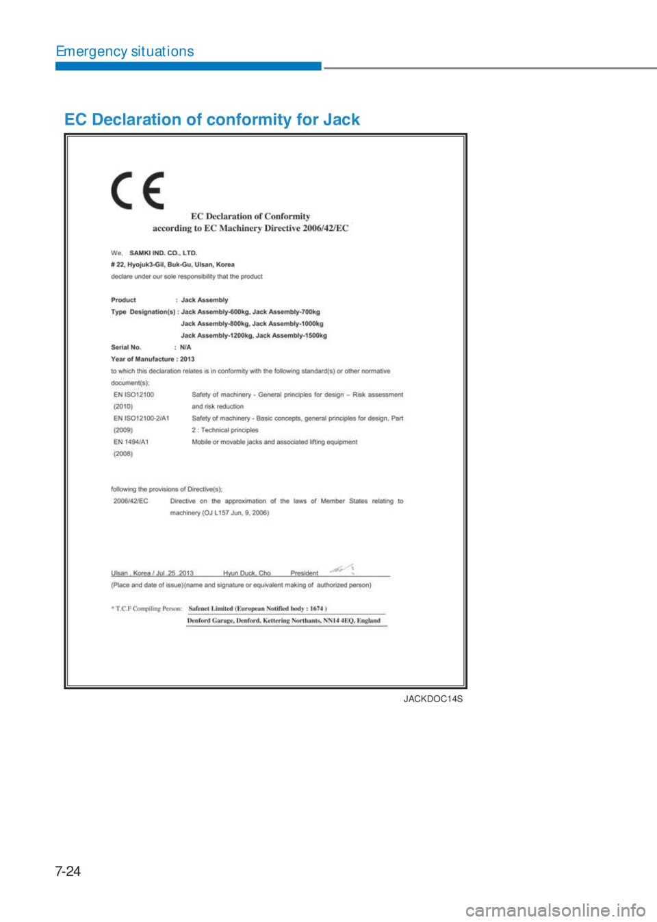 HYUNDAI I10 2020  Owners Manual 7-24
Emergency situations
�(�&���H�F�O�D�U�D�W�L�R�Q��R�I��F�R�Q�I�R�U�P�L�W�\��I�R�U��-�D�F�N
JACKDOC14S 
