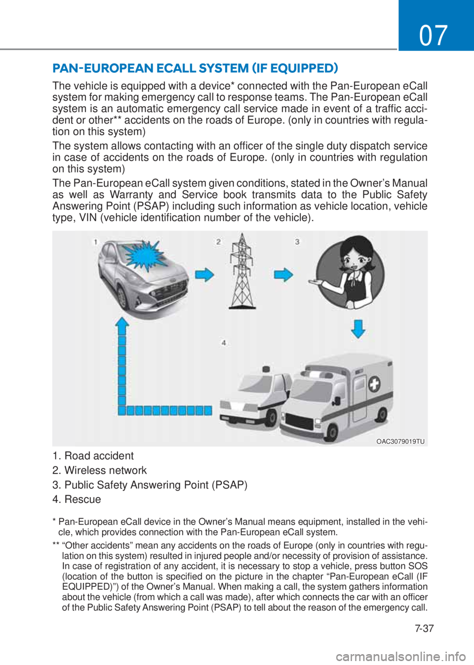 HYUNDAI I10 2020  Owners Manual 7-37
07
PA NØEUROPEAN ECALL SYSTEM ãIF EQUIPPEDä
The vehicle is equipped with a device* connected with the Pan-European eCall 
system for making emergency call to response teams. The Pan-Europea