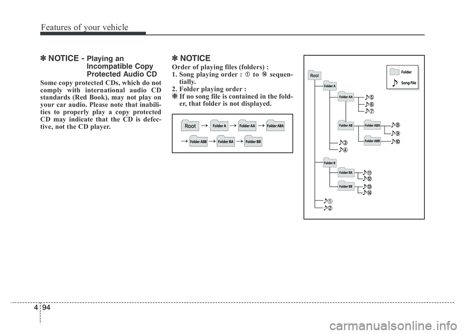 HYUNDAI I10 2016  Owners Manual Features of your vehicle
94 4
✽NOTICE - Playing an
Incompatible Copy
Protected Audio CD
Some copy protected CDs, which do not
comply with international audio CD
standards (Red Book), may not play on