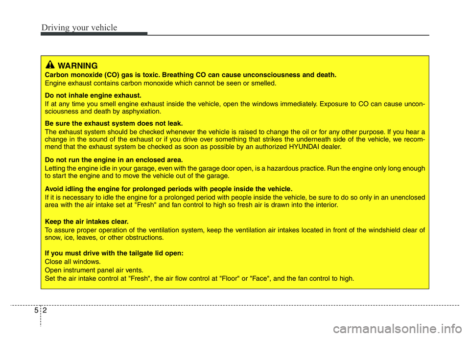 HYUNDAI I10 2016  Owners Manual Driving your vehicle
2 5
WARNING
Carbon monoxide (CO) gas is toxic. Breathing CO can cause unconsciousness and death.
Engine exhaust contains carbon monoxide which cannot be seen or smelled.
Do not in