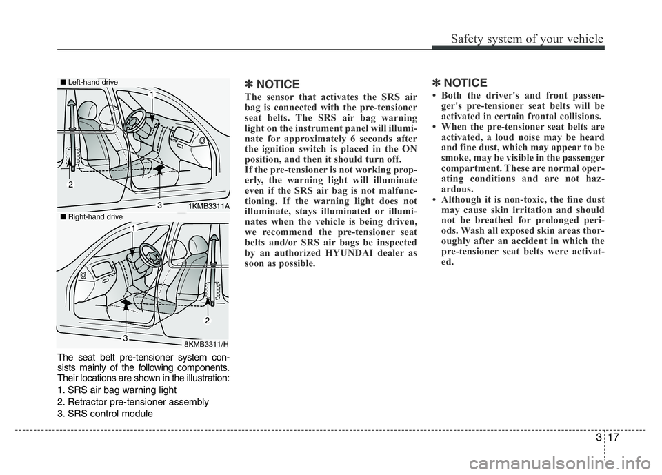 HYUNDAI I10 2016 Owners Guide 317
Safety system of your vehicle
The seat belt pre-tensioner system con-
sists mainly of the following components.
Their locations are shown in the illustration:
1. SRS air bag warning light
2. Retra