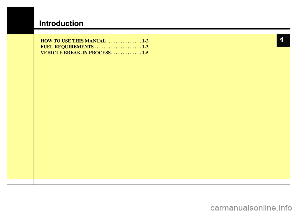 HYUNDAI I10 2016  Owners Manual Introduction
HOW TO USE THIS MANUAL . . . . . . . . . . . . . . . 1-2
FUEL REQUIREMENTS . . . . . . . . . . . . . . . . . . . . 1-3
VEHICLE BREAK-IN PROCESS . . . . . . . . . . . . . 1-51 