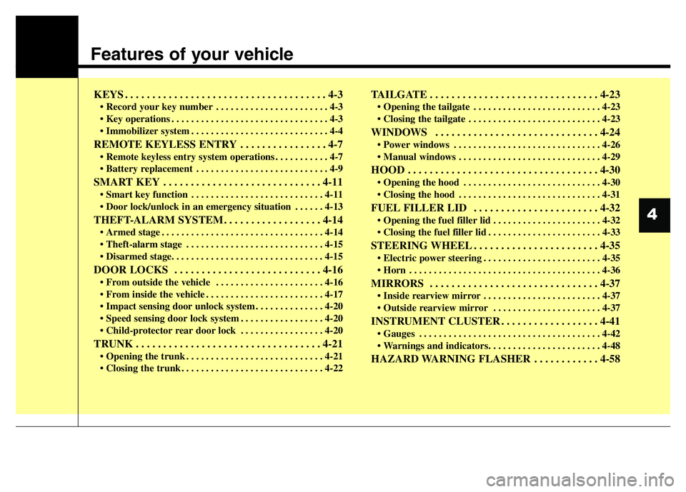 HYUNDAI I10 2016  Owners Manual Features of your vehicle
KEYS . . . . . . . . . . . . . . . . . . . . . . . . . . . . . . . . . . . . . 4-3
• Record your key number . . . . . . . . . . . . . . . . . . . . . . . 4-3
• Key operati