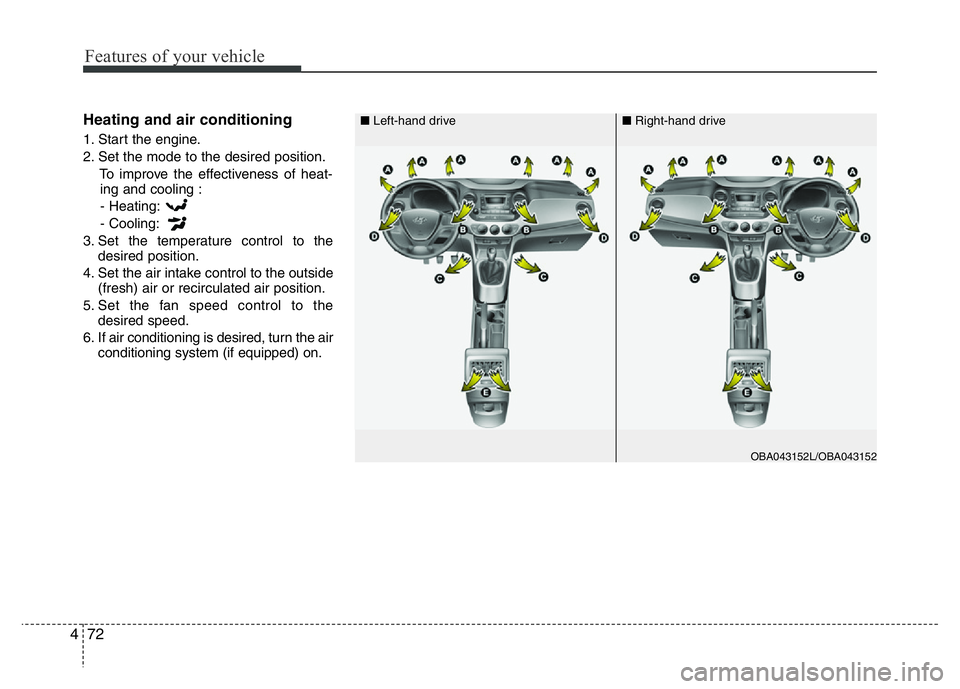 HYUNDAI I10 2015 Owners Manual Features of your vehicle
72 4
Heating and air conditioning
1. Start the engine.
2. Set the mode to the desired position.
To improve the effectiveness of heat-
ing and cooling :
- Heating:
- Cooling:
3 HYUNDAI I10 2015 Owners Manual Features of your vehicle
72 4
Heating and air conditioning
1. Start the engine.
2. Set the mode to the desired position.
To improve the effectiveness of heat-
ing and cooling :
- Heating:
- Cooling:
3