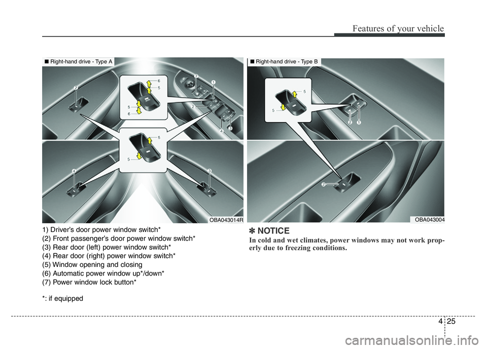 HYUNDAI I10 2015 Manual Online 425
Features of your vehicle
1) Driver’s door power window switch*
(2) Front passenger’s door power window switch*
(3) Rear door (left) power window switch*
(4) Rear door (right) power window swit