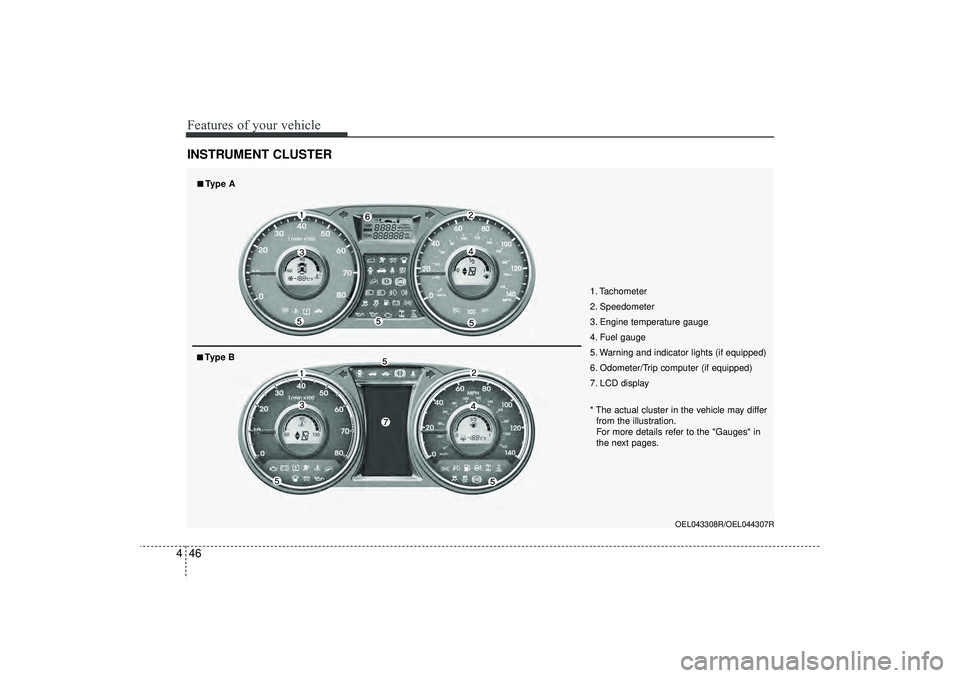 HYUNDAI IX35 2016 Owners Manual Features of your vehicle46
4INSTRUMENT CLUSTER
1. Tachometer
2. Speedometer
3. Engine temperature gauge
4. Fuel gauge
5. Warning and indicator lights (if equipped)
6. Odometer/Trip computer (if equipp HYUNDAI IX35 2016 Owners Manual Features of your vehicle46
4INSTRUMENT CLUSTER
1. Tachometer
2. Speedometer
3. Engine temperature gauge
4. Fuel gauge
5. Warning and indicator lights (if equipped)
6. Odometer/Trip computer (if equipp