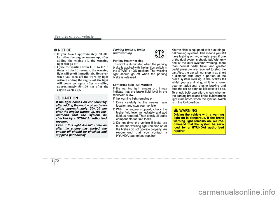 HYUNDAI IX35 2016  Owners Manual Features of your vehicle72
4✽
✽
NOTICE• If you travel approximately 50~100
km after the engine warms up, after
adding the engine oil, the warning
light will go off.
• Cycle the ignition from O