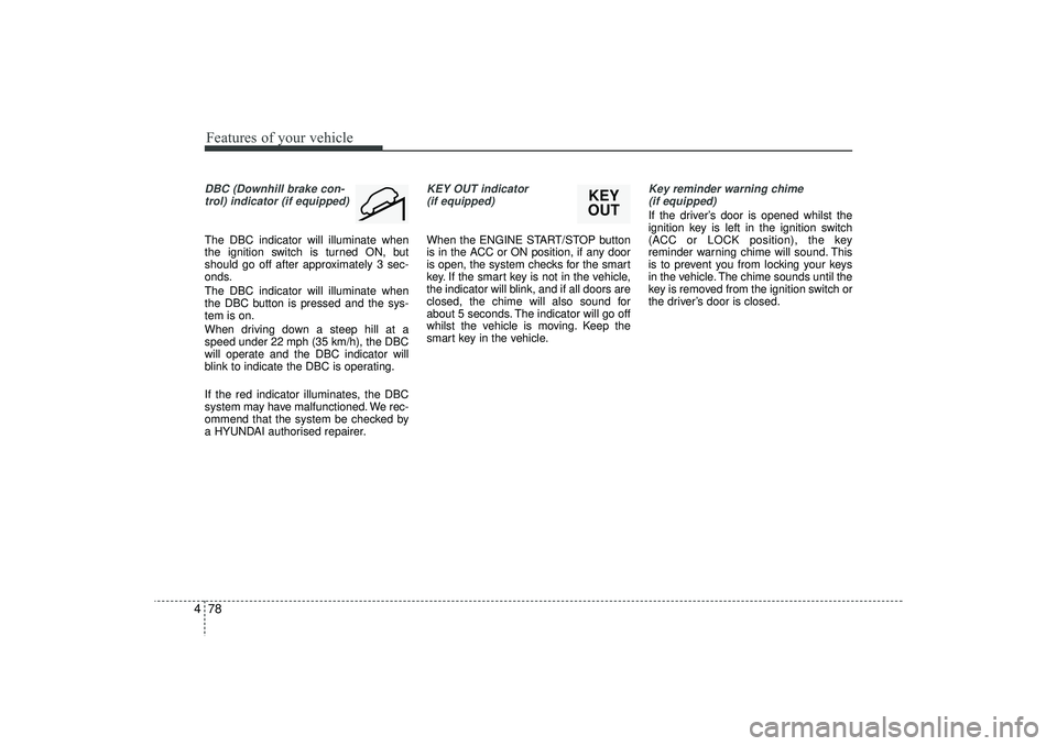 HYUNDAI IX35 2016 Owners Manual Features of your vehicle78
4DBC (Downhill brake con-
trol) indicator (if equipped)The DBC indicator will illuminate when
the ignition switch is turned ON, but
should go off after approximately 3 sec-
HYUNDAI IX35 2016 Owners Manual Features of your vehicle78
4DBC (Downhill brake con-
trol) indicator (if equipped)The DBC indicator will illuminate when
the ignition switch is turned ON, but
should go off after approximately 3 sec-