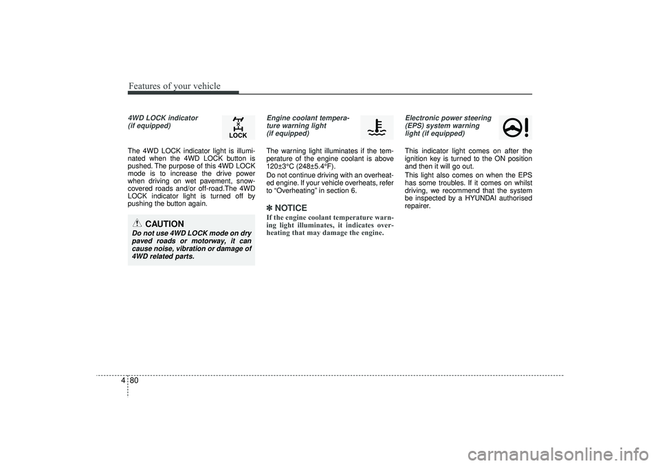 HYUNDAI IX35 2016 Owners Manual Features of your vehicle80
44WD LOCK indicator
(if equipped)The 4WD LOCK indicator light is illumi-
nated when the 4WD LOCK button is
pushed. The purpose of this 4WD LOCK
mode is to increase the driv HYUNDAI IX35 2016 Owners Manual Features of your vehicle80
44WD LOCK indicator
(if equipped)The 4WD LOCK indicator light is illumi-
nated when the 4WD LOCK button is
pushed. The purpose of this 4WD LOCK
mode is to increase the driv