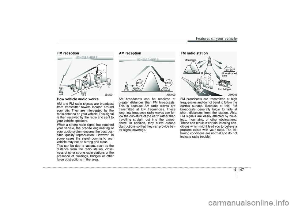 HYUNDAI IX35 2016  Owners Manual 4 147
Features of your vehicle
How vehicle audio worksAM and FM radio signals are broadcast
from transmitter towers located around
your city. They are intercepted by the
radio antenna on your vehicle.