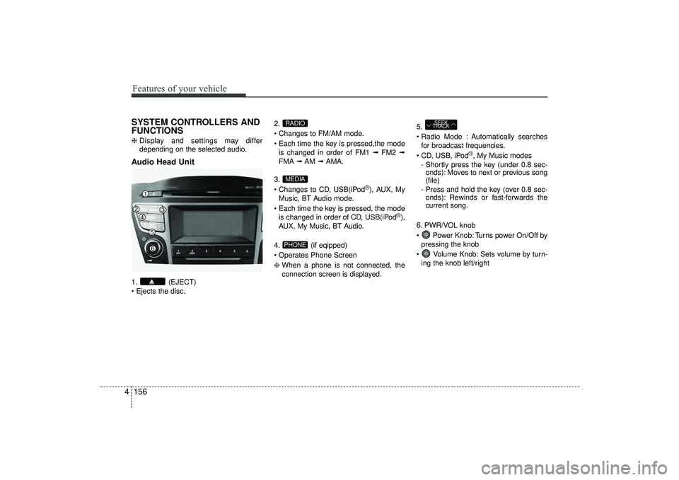 HYUNDAI IX35 2016 Owners Manual Features of your vehicle156
4SYSTEM CONTROLLERS AND
FUNCTIONS❈ Display and settings may differ
depending on the selected audio.Audio Head Unit1. (EJECT)
Ejects the disc. 2.
Changes to FM/AM mode HYUNDAI IX35 2016 Owners Manual Features of your vehicle156
4SYSTEM CONTROLLERS AND
FUNCTIONS❈ Display and settings may differ
depending on the selected audio.Audio Head Unit1. (EJECT)
Ejects the disc. 2.
Changes to FM/AM mode