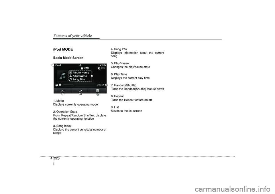 HYUNDAI IX35 2016 Owners Manual Features of your vehicle220
4iPod MODEBasic Mode Screen1. Mode
Displays currently operating mode
2. Operation State
From Repeat/Random(Shuffle), displays
the currently operating function
3. Song Index HYUNDAI IX35 2016 Owners Manual Features of your vehicle220
4iPod MODEBasic Mode Screen1. Mode
Displays currently operating mode
2. Operation State
From Repeat/Random(Shuffle), displays
the currently operating function
3. Song Index