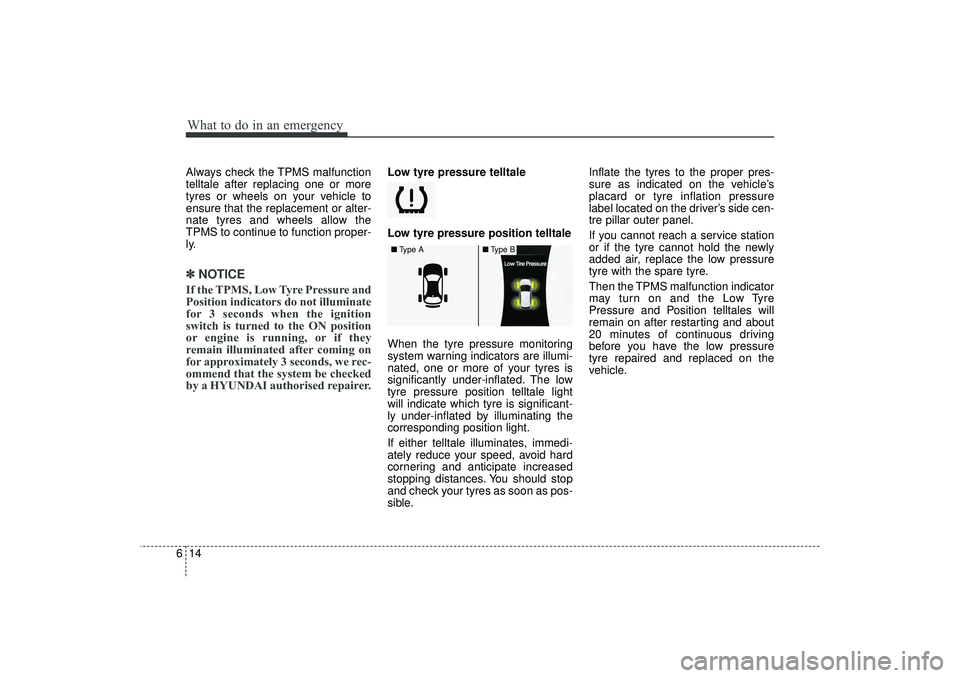 HYUNDAI IX35 2016 Owners Manual What to do in an emergency14
6Always check the TPMS malfunction
telltale after replacing one or more
tyres or wheels on your vehicle to
ensure that the replacement or alter-
nate tyres and wheels allo HYUNDAI IX35 2016 Owners Manual What to do in an emergency14
6Always check the TPMS malfunction
telltale after replacing one or more
tyres or wheels on your vehicle to
ensure that the replacement or alter-
nate tyres and wheels allo